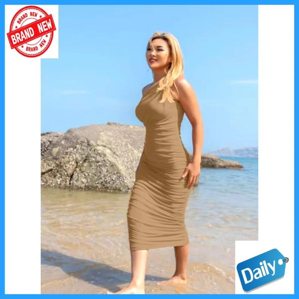 Sexy Bodycon One Shoulder Ruched Midi Dress, Polyester Spandex, Slim Fit - Picture 4 of 6